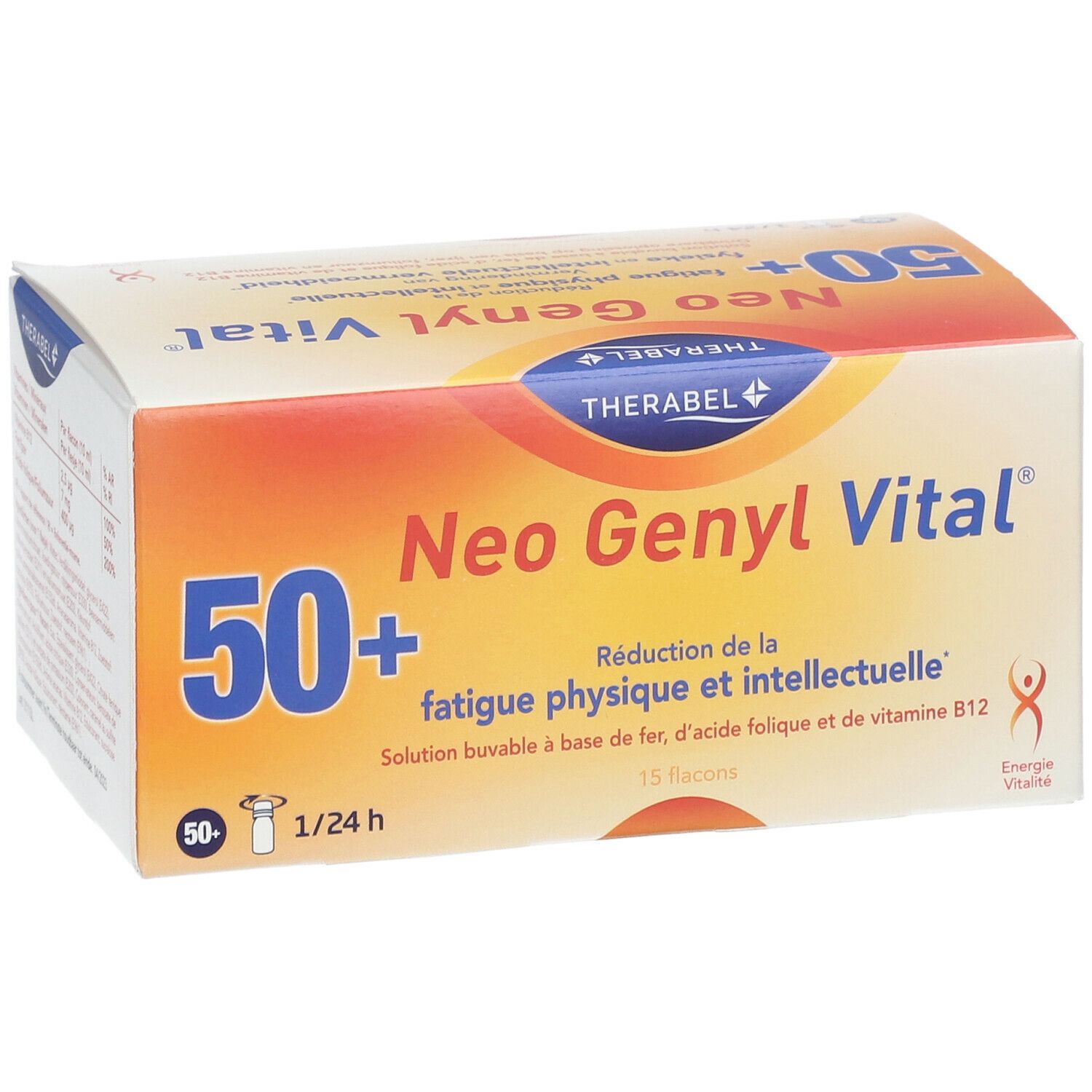Boîte Neo Genyl Vital. Inscription : 50+, réduction de la fatigue. Contient 15 flacons. Marque : Therabel.