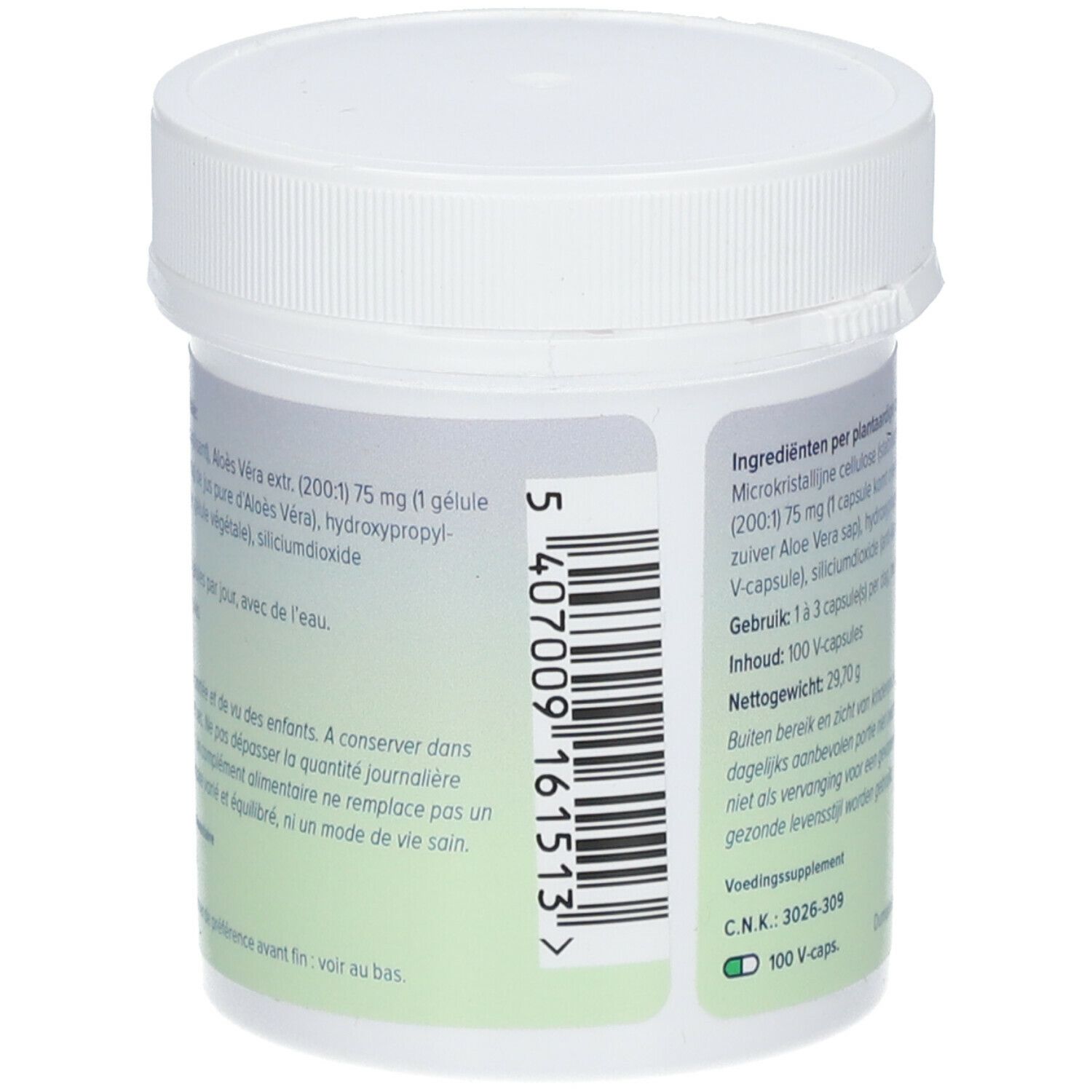 Witte pot met deksel. Achterkant met ingrediëntenlijst, gebruiksaanwijzing en barcode. 100 V-caps.