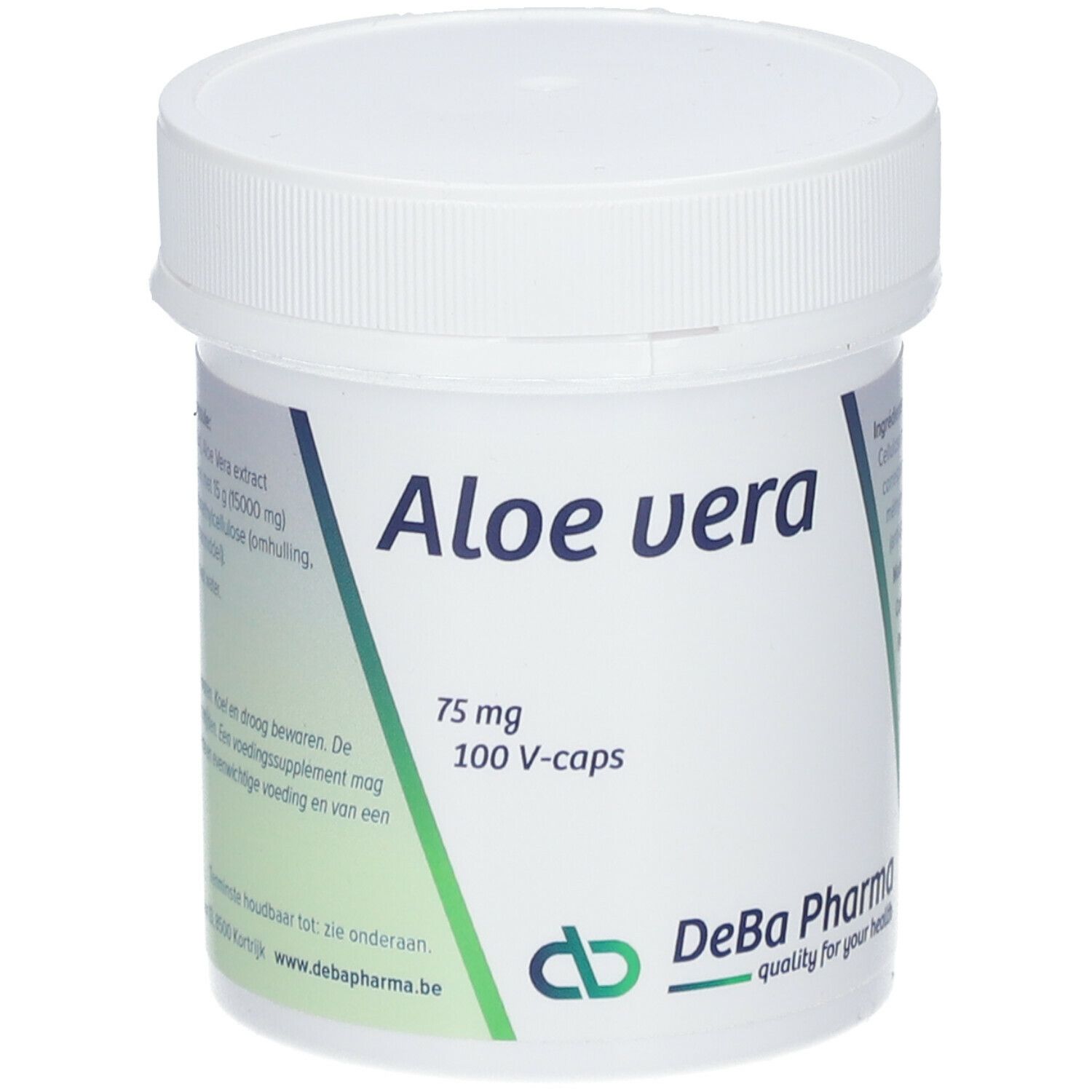 Witte pot met deksel. Opschrift: Aloe vera, 75 mg, 100 V-caps. DeBa Pharma logo.
