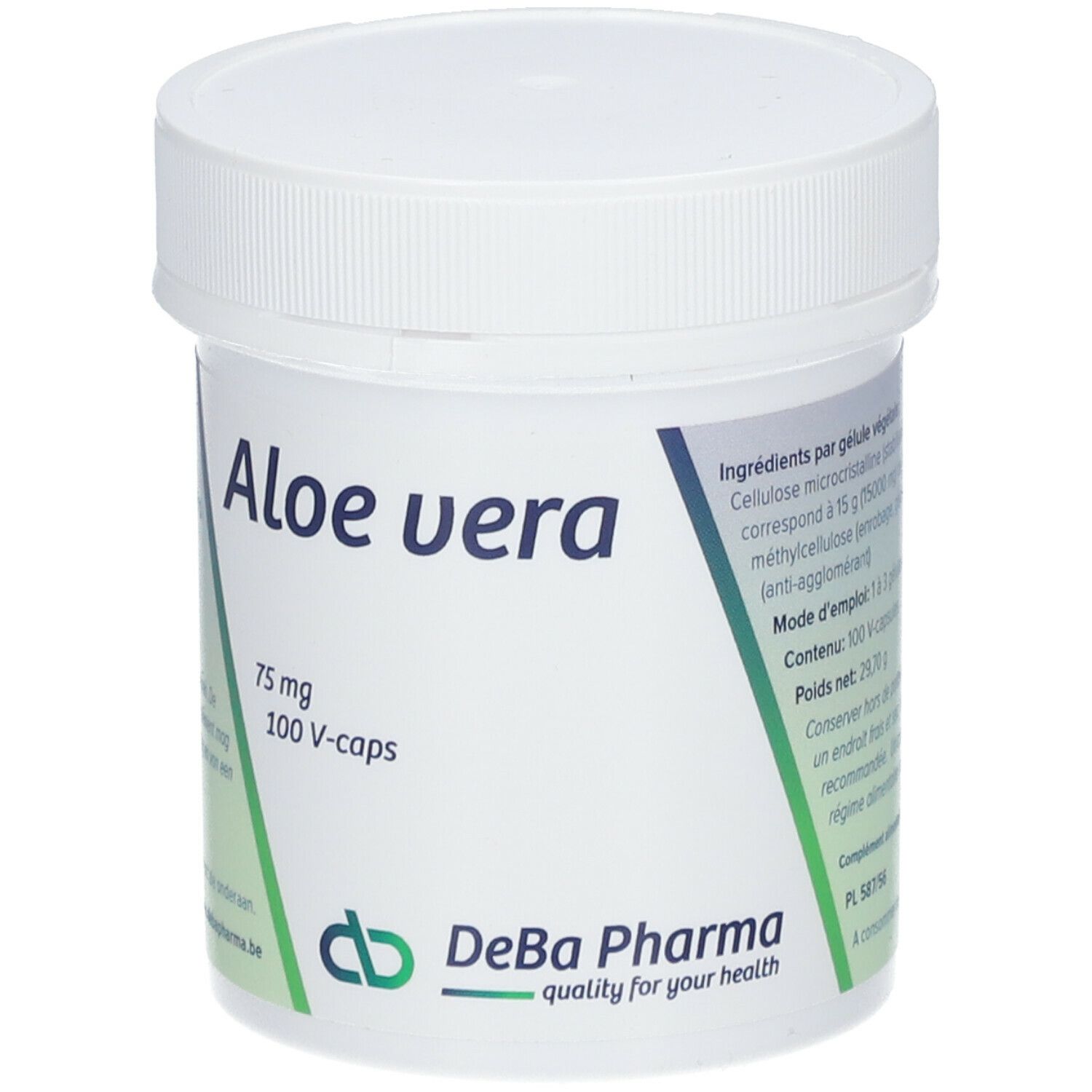 Witte pot met deksel. Opschrift: Aloe vera, 75 mg, 100 V-caps. DeBa Pharma logo.