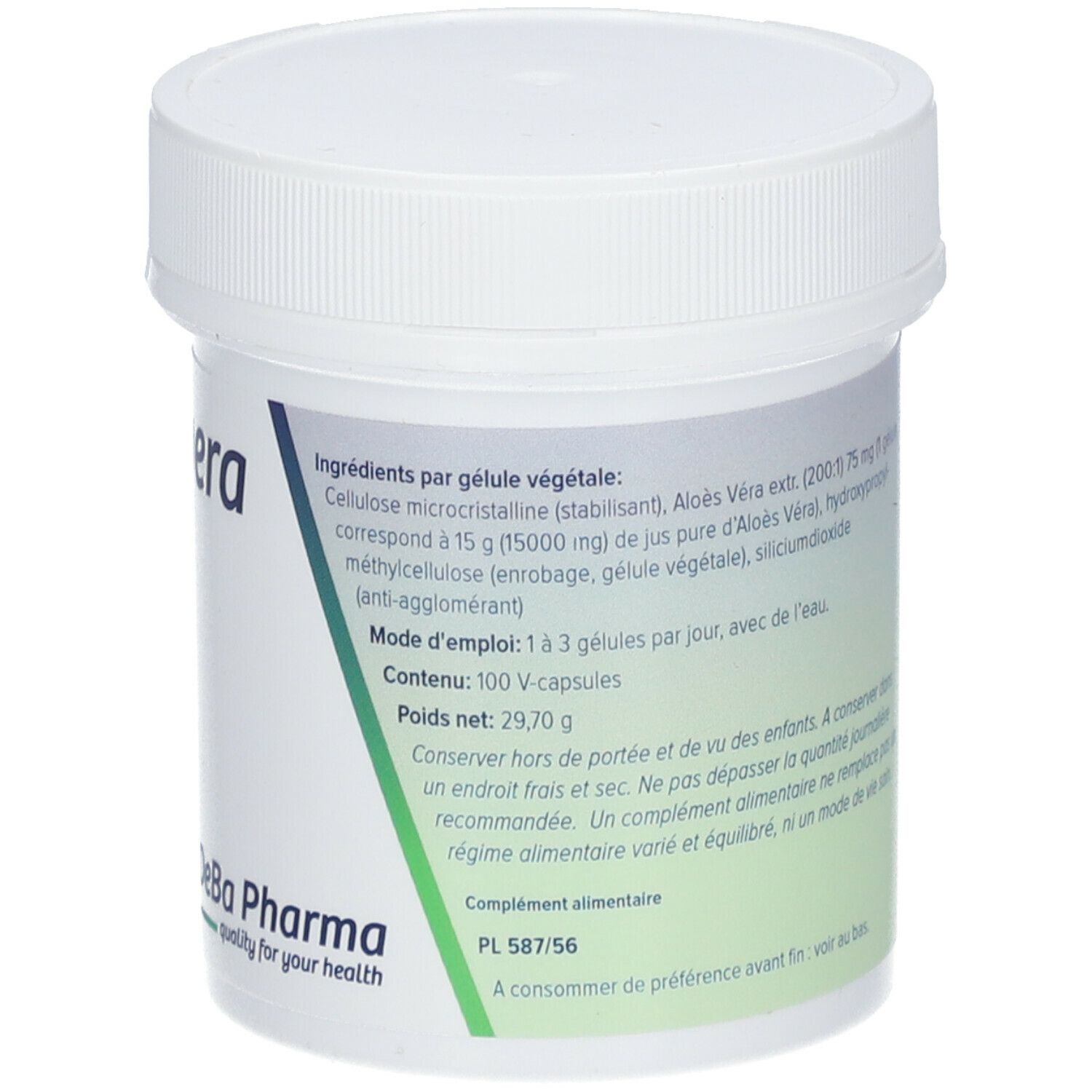 Witte pot met deksel. Achterkant met ingrediëntenlijst, gebruiksaanwijzing en logo. 100 V-caps.