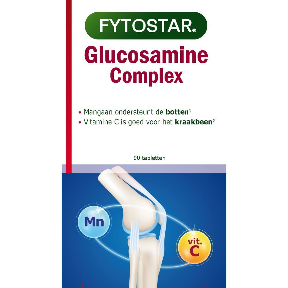 Verpakking van Fytostar Glucosamine Complex met 90 tabletten. Afbeelding van botten en gewrichten.