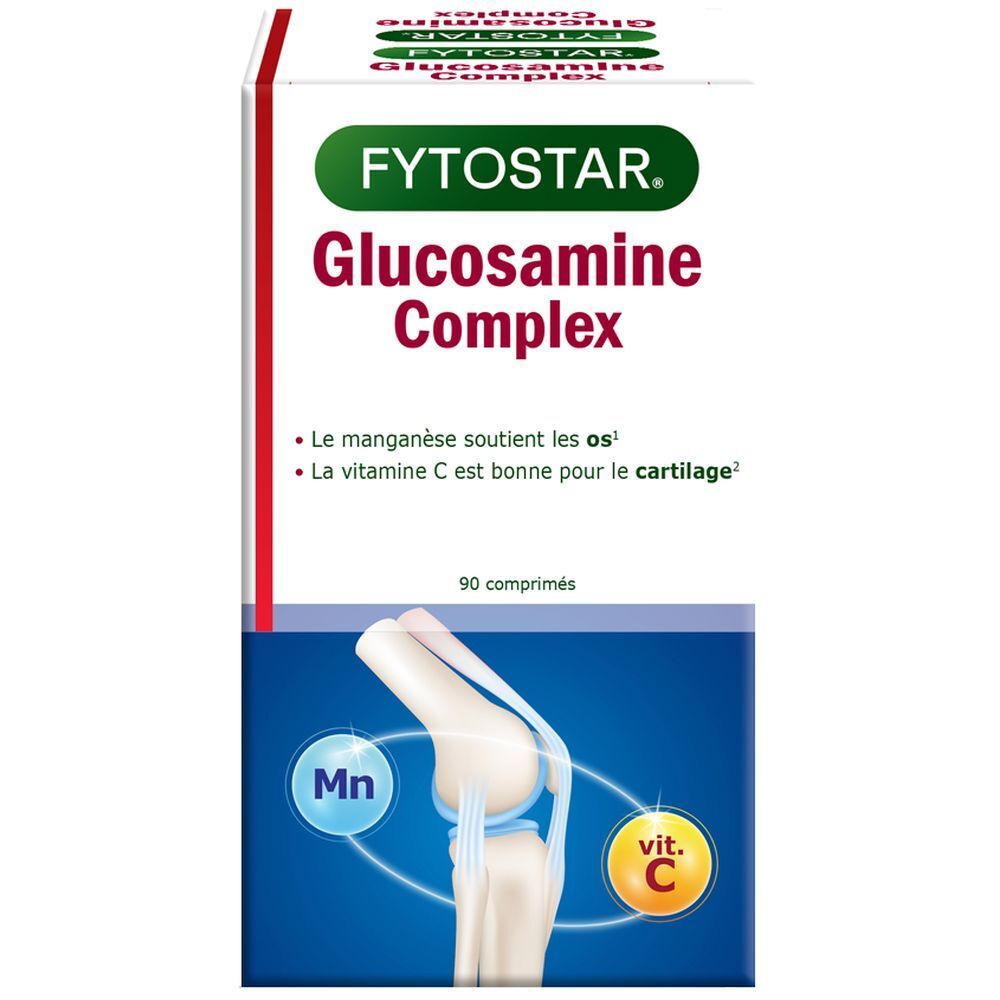 Verpakking van Fytostar Glucosamine Complex met 90 tabletten. Afbeelding van botten en gewrichten.