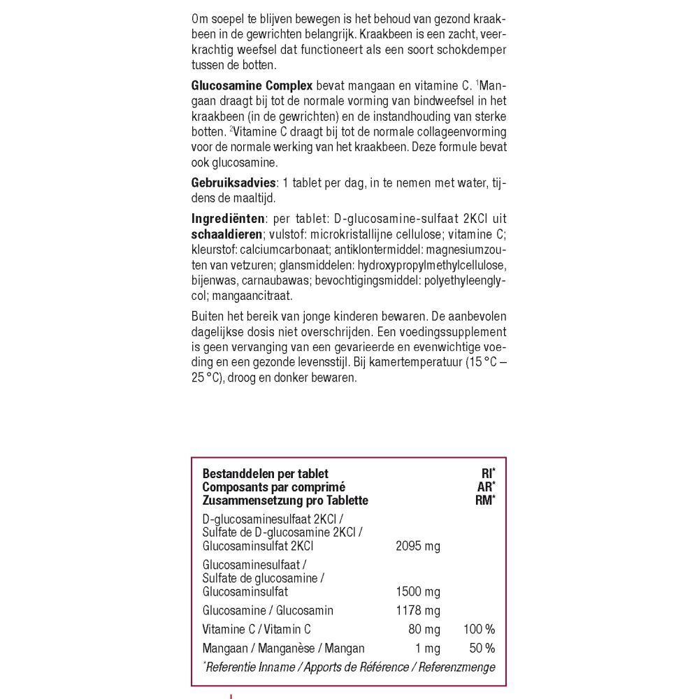 Verpakking van Fytostar Glucosamine Complex met 90 tabletten. Afbeelding van botten en gewrichten.