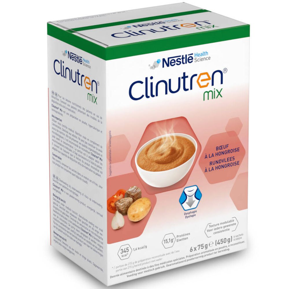 Boîte Clinutren Mix, Boeuf à la Hongroise. Logo Nestle Health Science. 6 sachets de 75g. Illustration du plat.