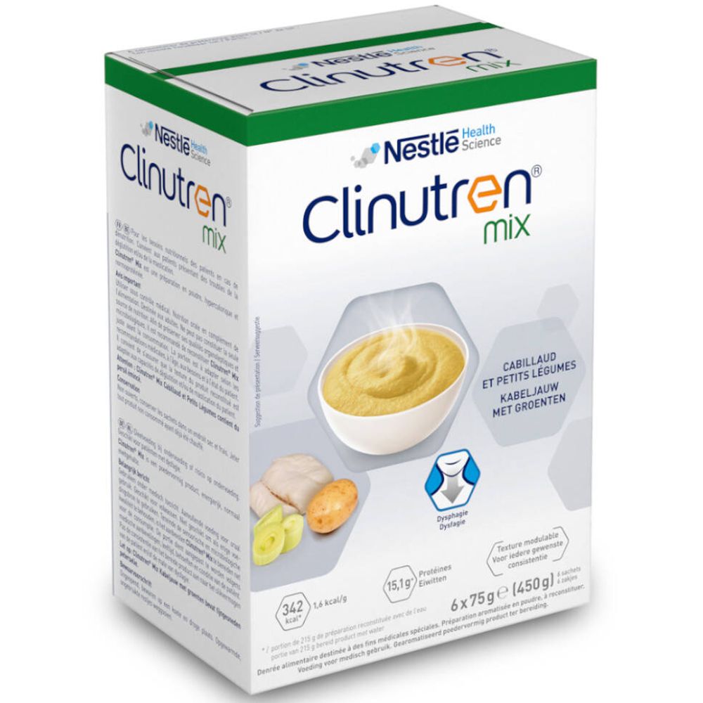 Boîte de Clinutren Mix Cabillaud. Contient une image de poisson, pommes de terre et légumes. Texte: Clinutren Mix, Nestle Health Science.