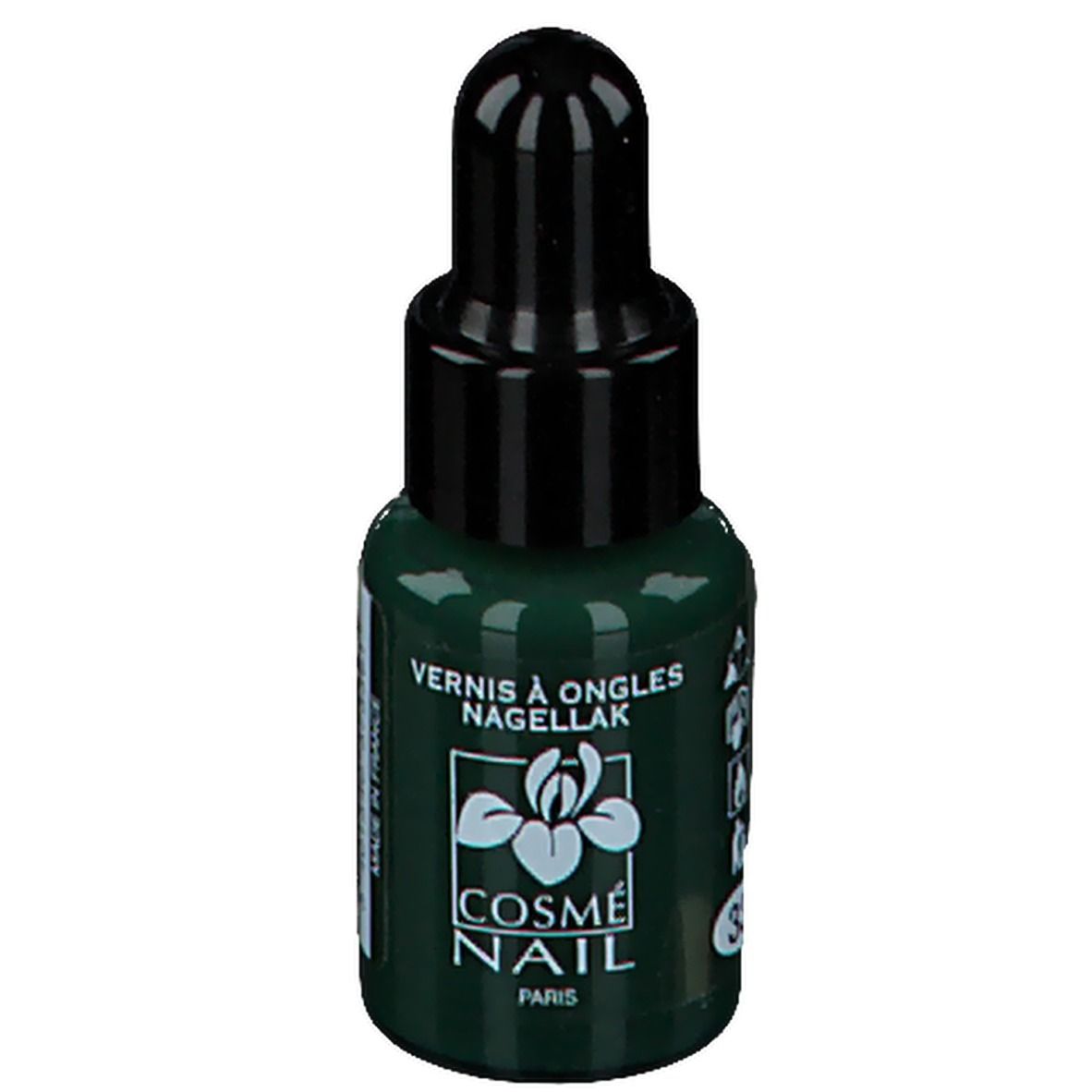 Flacon de vernis à ongles vert avec bouchon noir. Inscription: Vernis à ongles, Nagellack, Cosménail Paris.