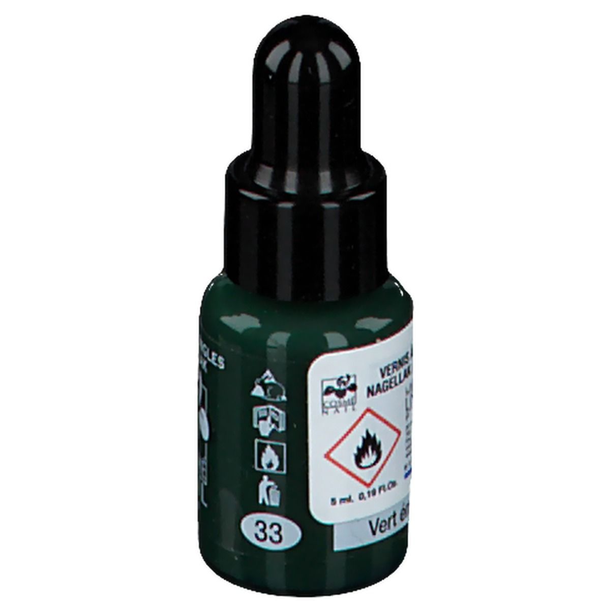Flacon de vernis à ongles vert avec bouchon noir. Inscription: Vernis à ongles, Nagellack, 33, Vert émeraude.