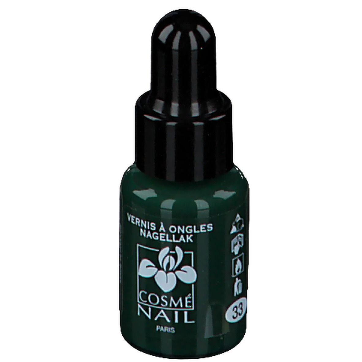 Flacon de vernis à ongles vert avec bouchon noir. Inscription: Vernis à ongles, Nagellack, Cosménail Paris, 33.