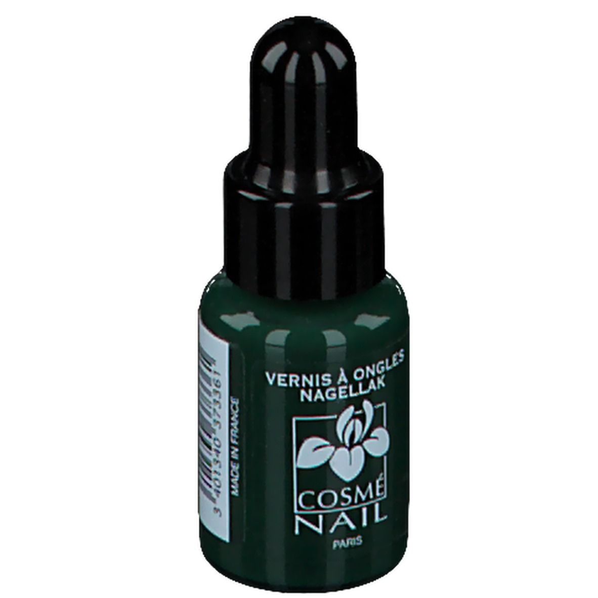 Flacon de vernis à ongles vert avec bouchon noir. Inscription: Vernis à ongles, Nagellack, Cosménail Paris, Made in France.