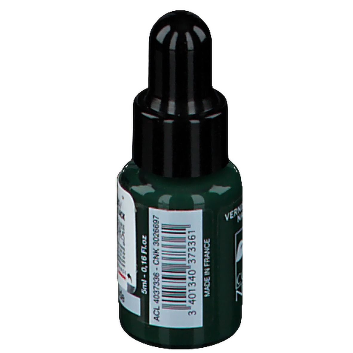 Flacon de vernis à ongles vert avec bouchon noir. Inscription: Vernis à ongles, Nagellack, Made in France, 5ml.