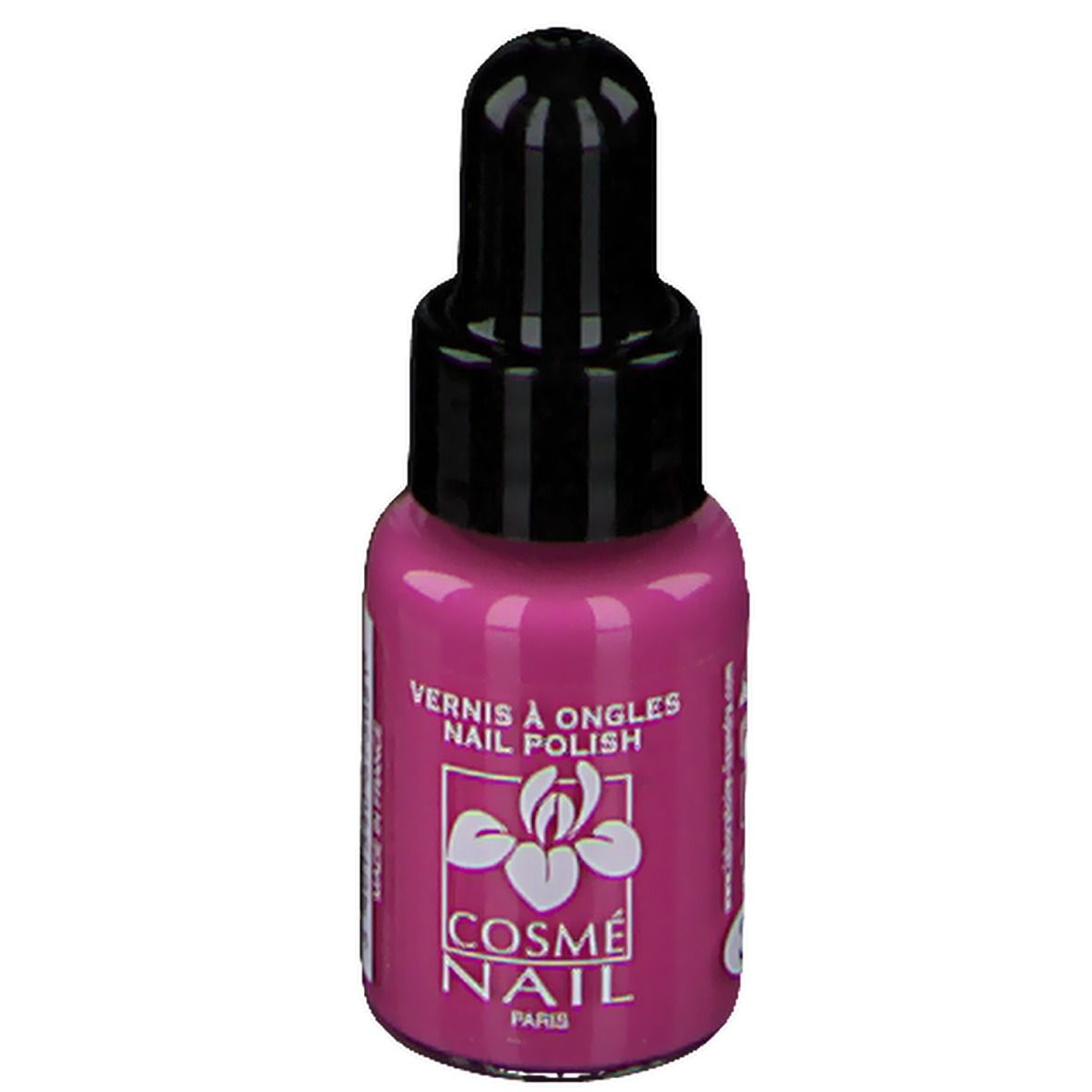 Flacon de vernis à ongles rose avec bouchon noir. Inscription: Cosmé Nail Paris.