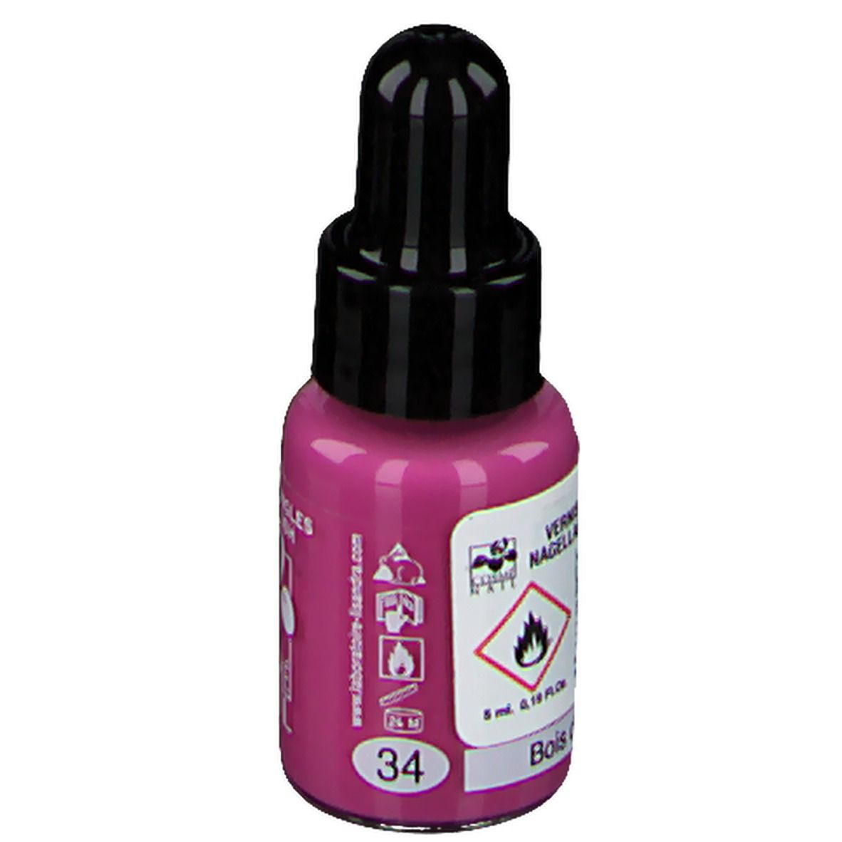 Flacon de vernis à ongles rose avec bouchon noir. Inscription: 34, Bois de rose, 5 ml.