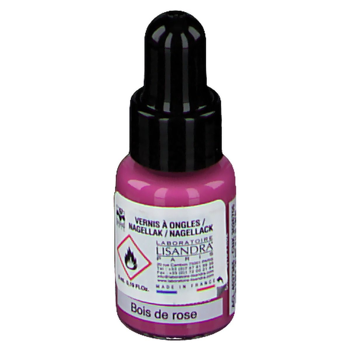 Flacon de vernis à ongles rose avec bouchon noir. Inscription: Bois de rose, 5 ml.