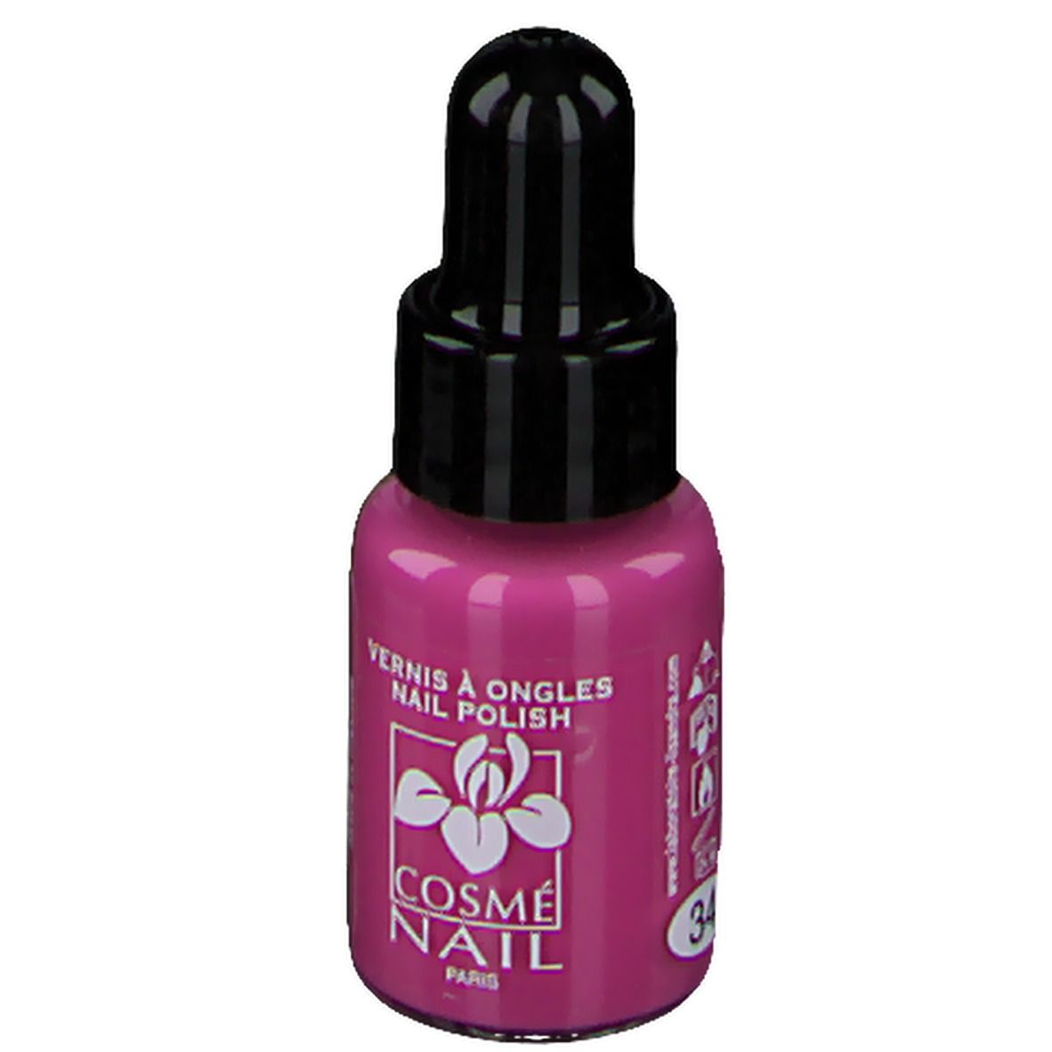 Flacon de vernis à ongles rose avec bouchon noir. Inscription: Cosmé Nail Paris, 34.