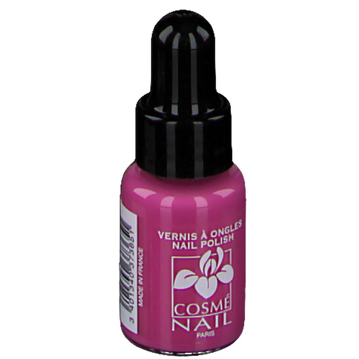 Flacon de vernis à ongles rose avec bouchon noir. Inscription: Cosmé Nail Paris.