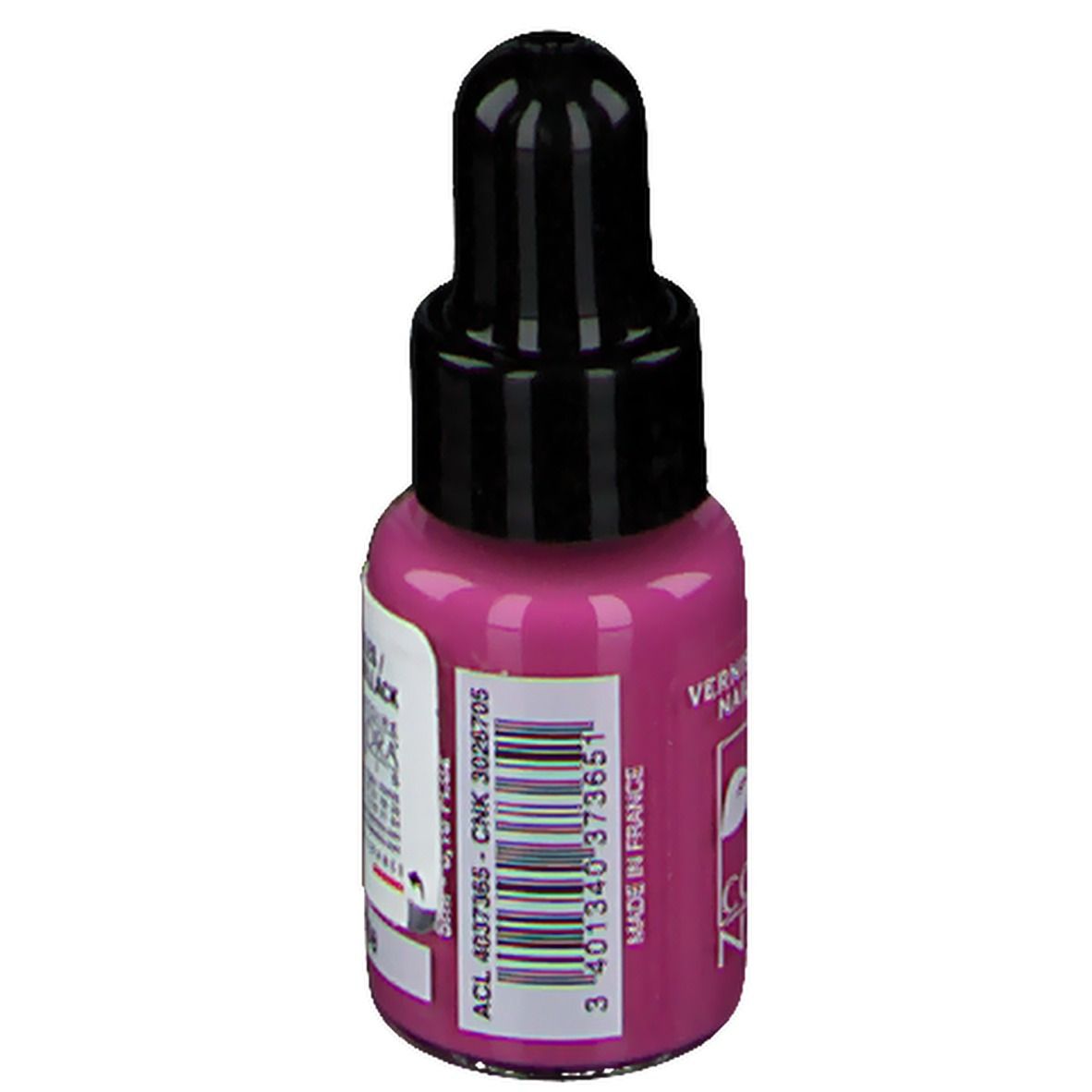 Flacon de vernis à ongles rose avec bouchon noir. Inscription: Made in France, 3 401340 373651.