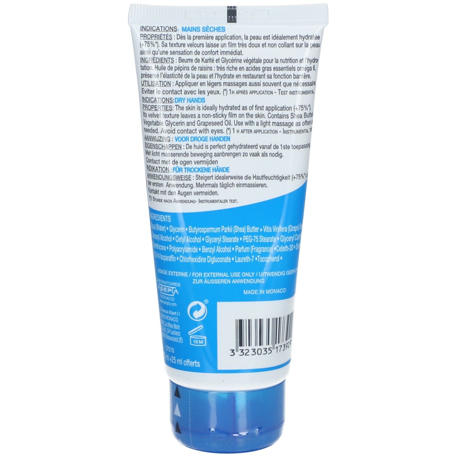 Dos du tube. Texte multilingue. Bouchon bleu. Ingrédients et informations.