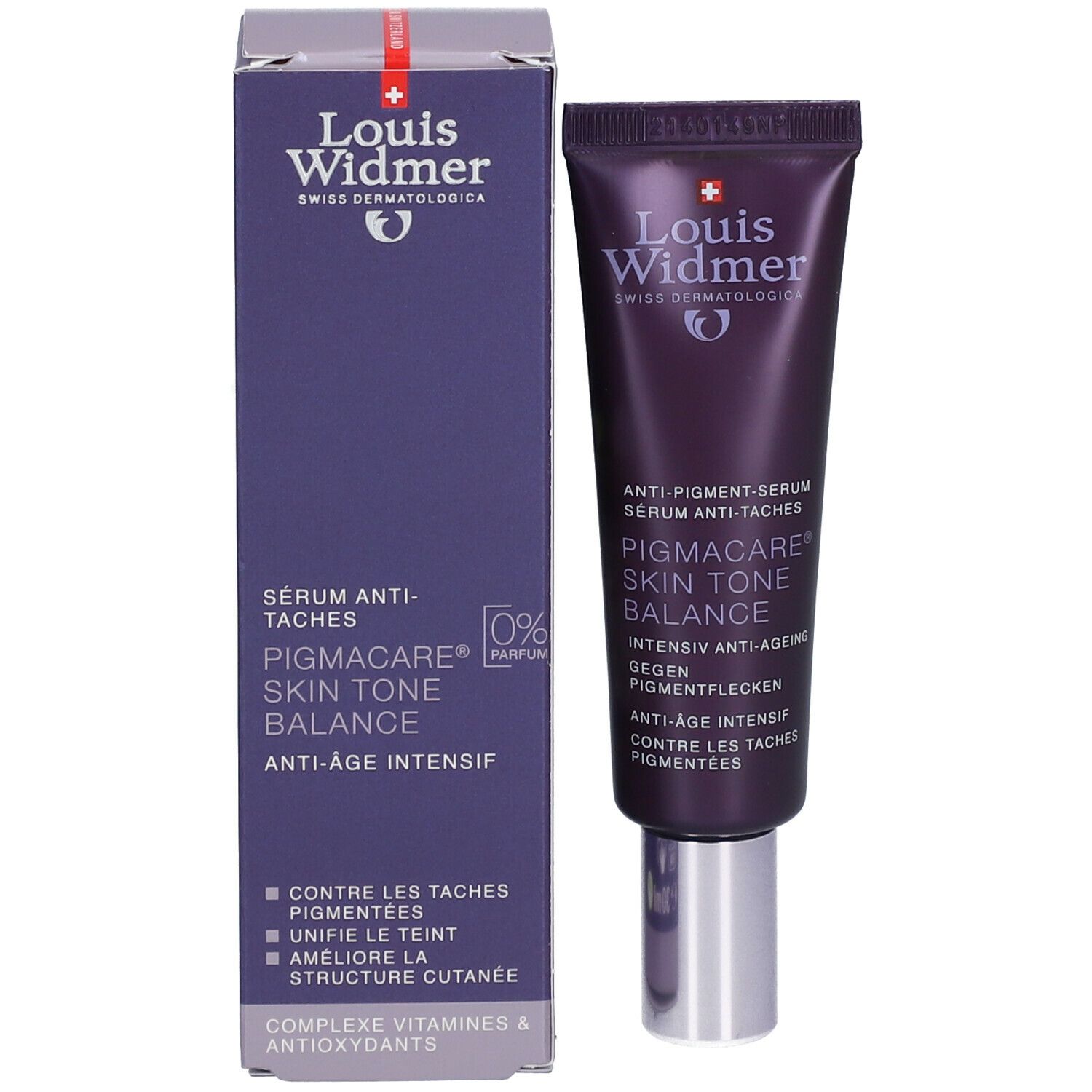Product en verpakking. Tube en doos. Opschrift: Louis Widmer, Pigmacare Skin Tone Balance, Anti-age intensief.