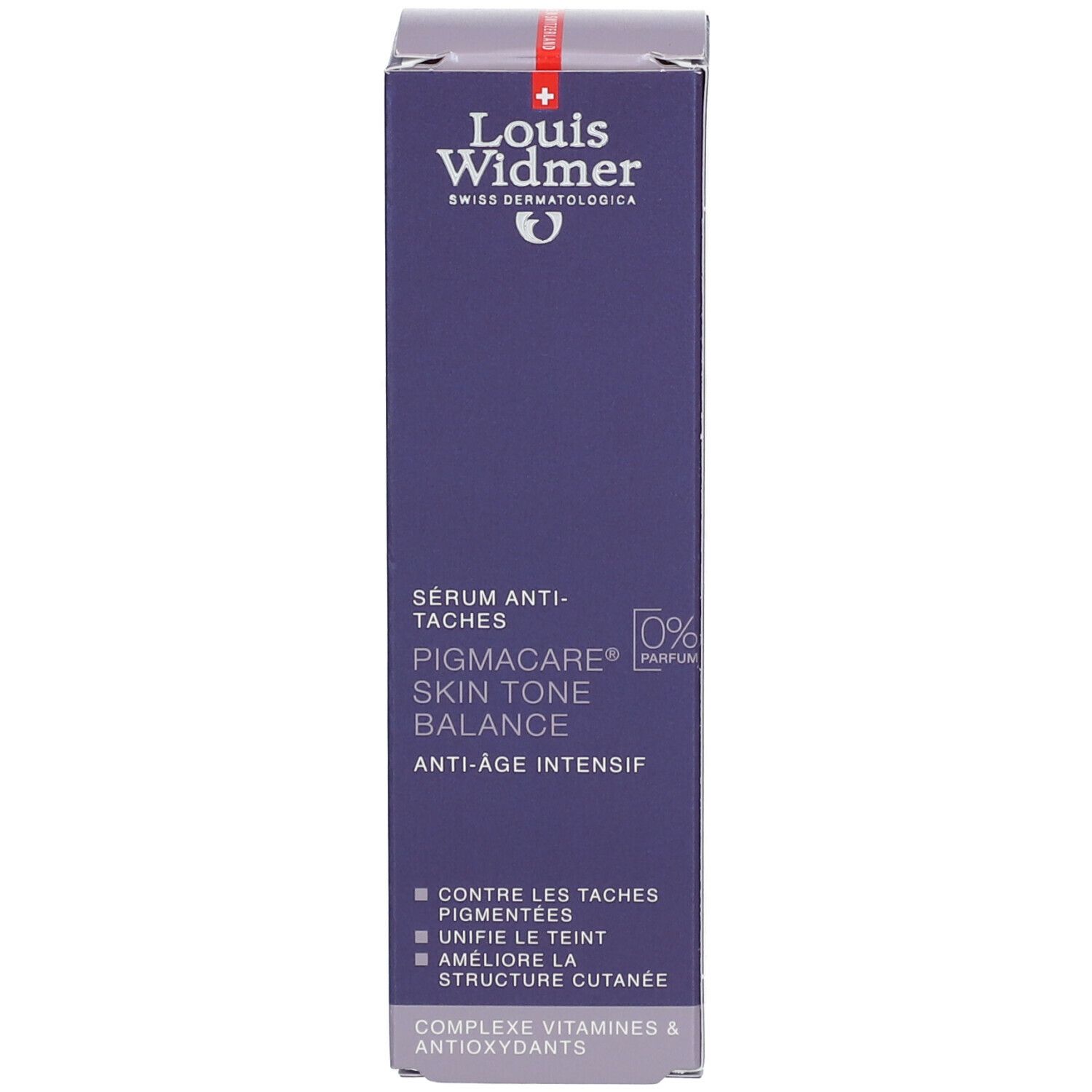 Doos met productinformatie. Opschrift: Louis Widmer, Pigmacare Skin Tone Balance, Anti-age intensief.