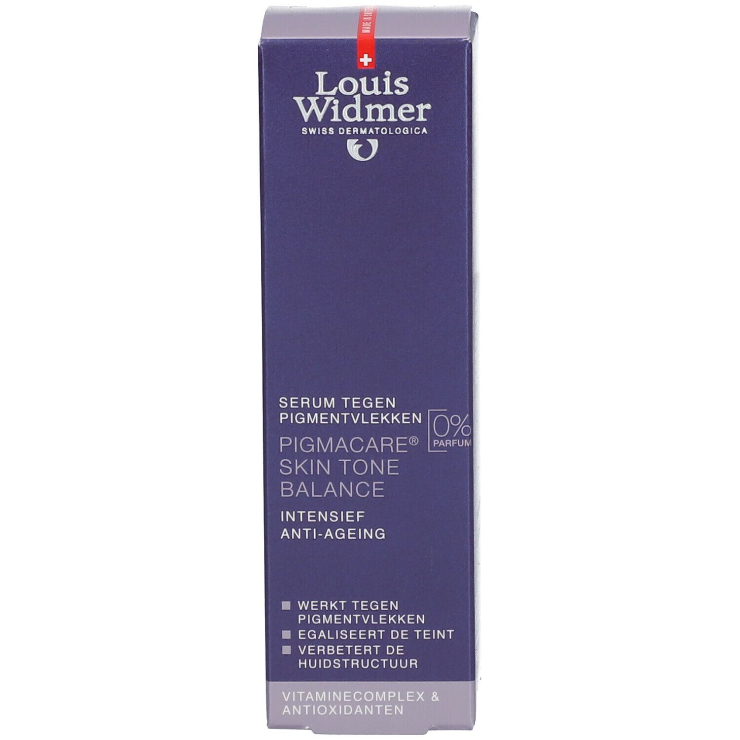 Doos met productinformatie. Opschrift: Louis Widmer, Pigmacare Skin Tone Balance, Intensief anti-ageing.