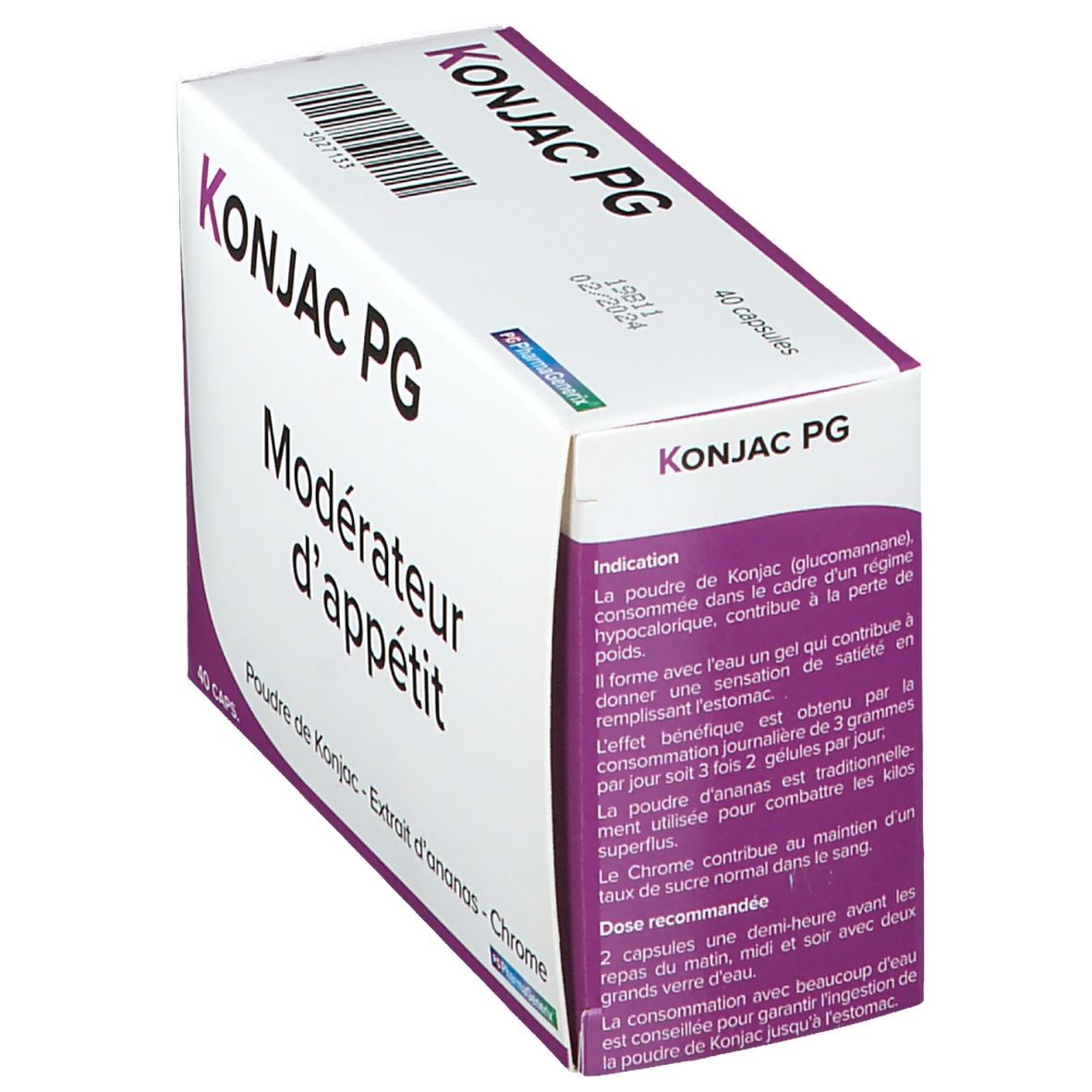 Boîte blanche et violette. Inscription: KONJAC PG, Modérateur d'appétit. 40 capsules. Texte en français.