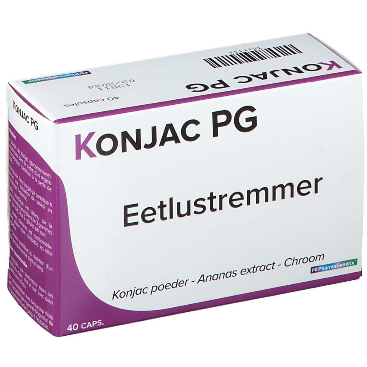 Boîte blanche et violette. Inscription: KONJAC PG, Eetlustremmer. 40 capsules. Texte en néerlandais.