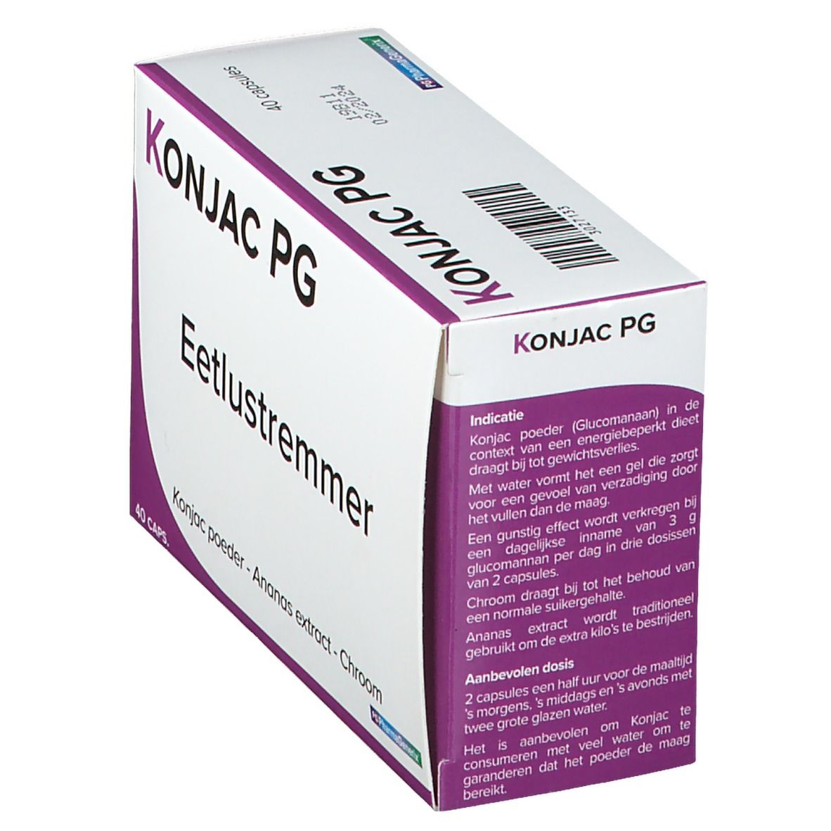 Boîte blanche et violette. Inscription: KONJAC PG, Eetlustremmer. 40 capsules. Texte en néerlandais.