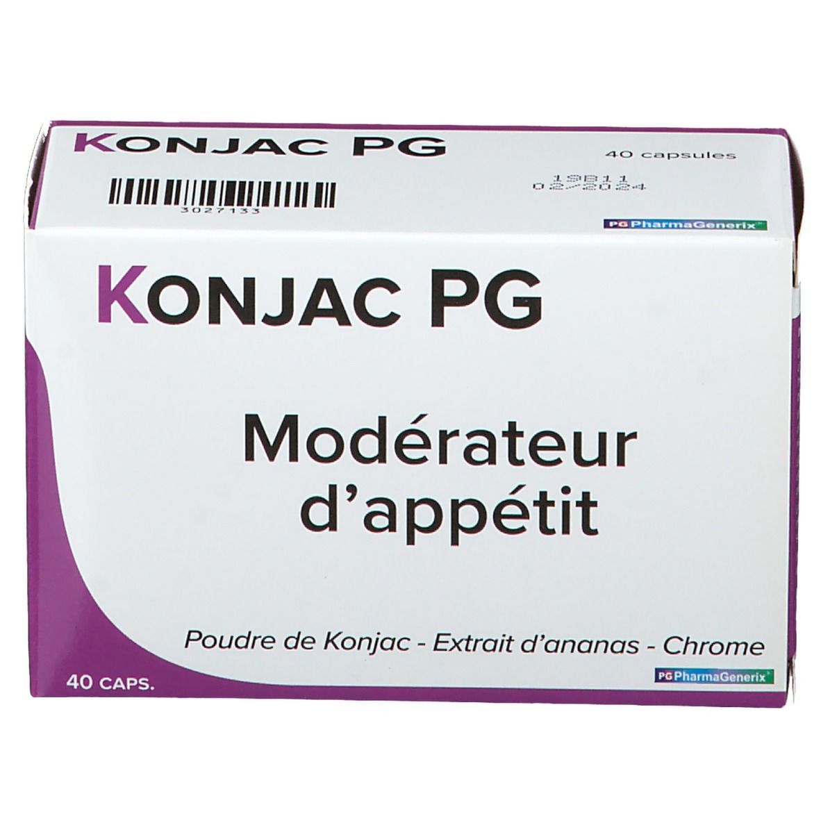 Boîte blanche et violette. Inscription: KONJAC PG, Modérateur d'appétit. 40 capsules. Code-barres et date de péremption.