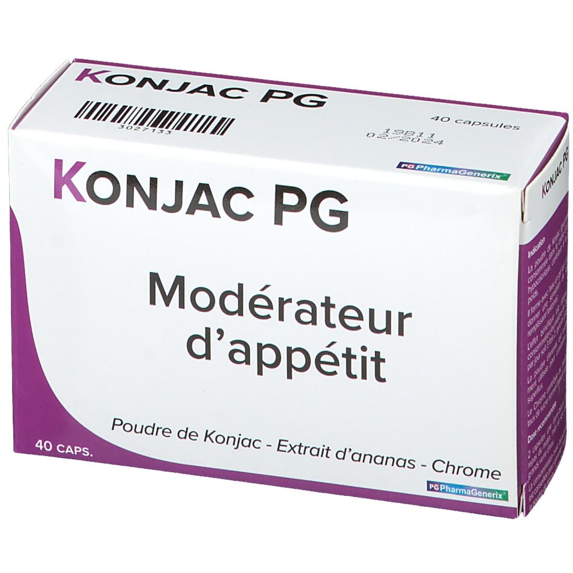 Boîte blanche et violette. Inscription: KONJAC PG, Modérateur d'appétit. 40 capsules. Code-barres et date de péremption.