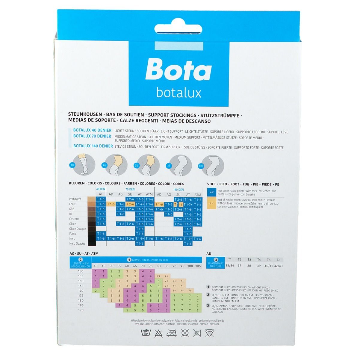 Dos de l'emballage. Logo Botalux. Tableau des tailles et informations produit multilingues.