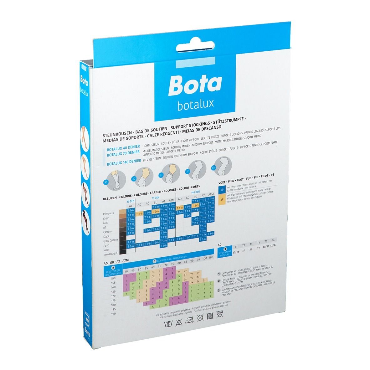Achterkant Bota botalux verpakking. Informatie over maten, kleuren en materialen.