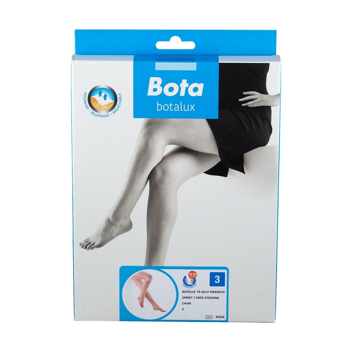 Bota botalux verpakking. Compressiekousen, maat 3. Illustratie van been.