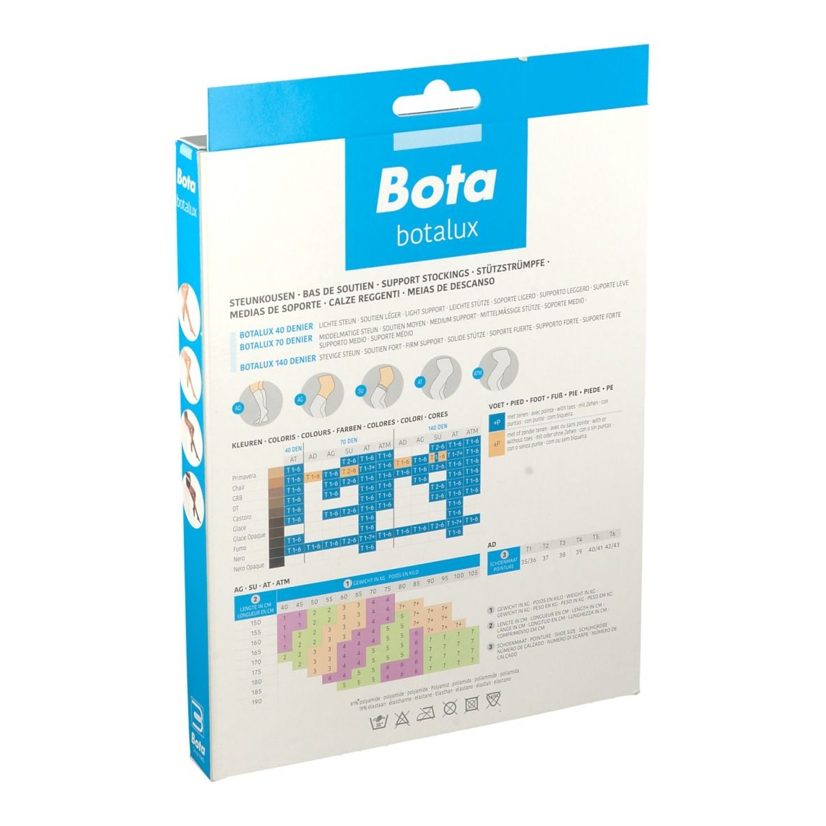 Achterkant van de Bota Botalux kousen verpakking. Maattabel, productinformatie, certificeringen.