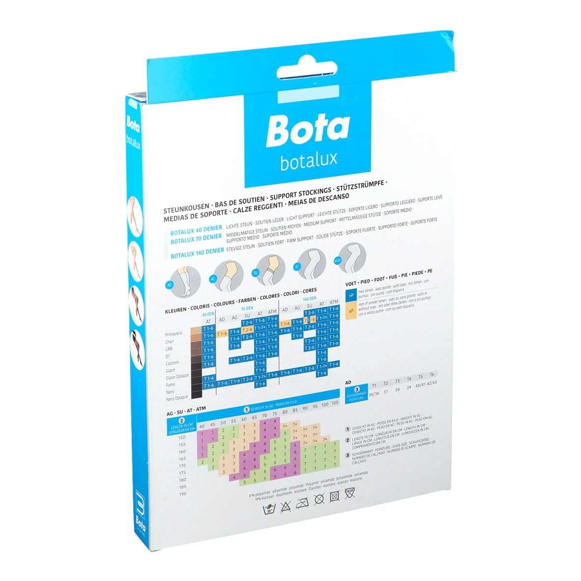 Dos de l'emballage des bas genou Botalux 70. Tableaux avec tailles et informations sur le produit.