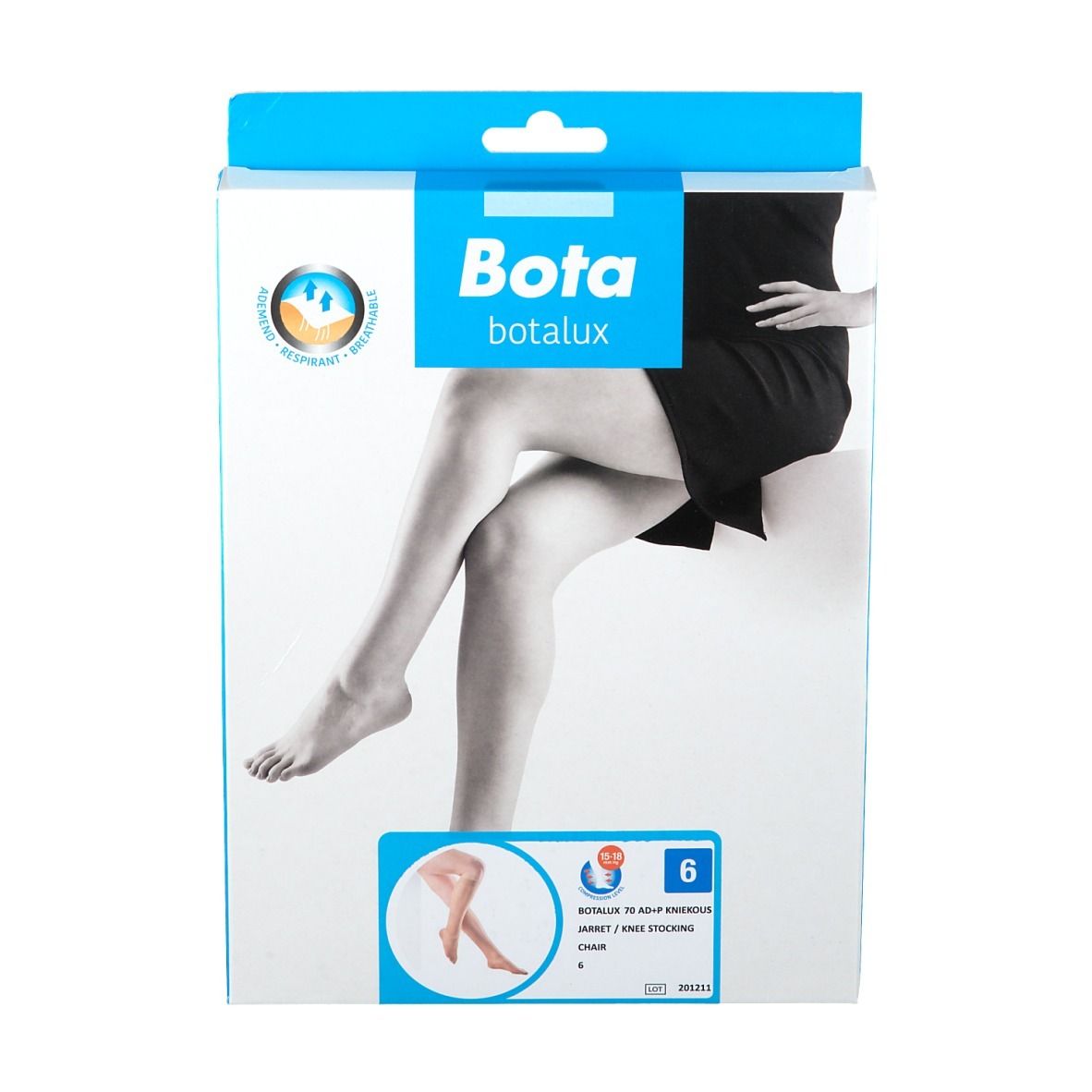 Emballage de bas genou Botalux 70. Inscription : Bota, botalux, illustration de jambe, taille 6. Image du produit.