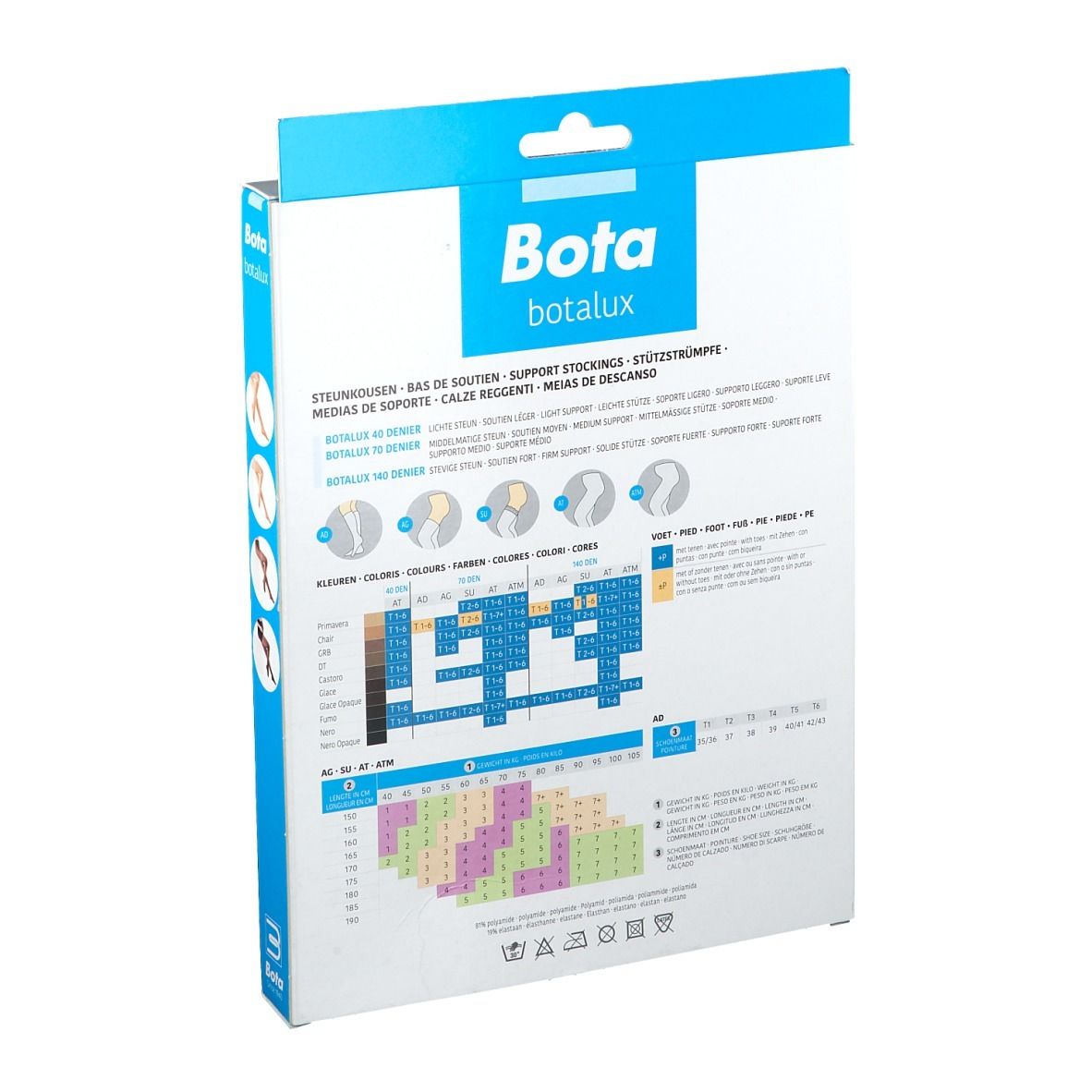 Dos de l'emballage de Botalux 70 Short Sock AD Nero N3. Tableaux avec tailles et informations sur le produit.