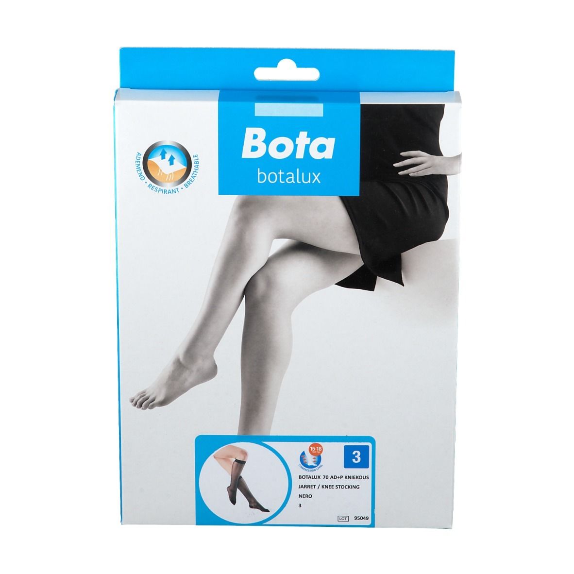 Emballage de Botalux 70 Short Sock AD Nero N3. Inscriptions : Bota, Botalux, illustration d'un bas.