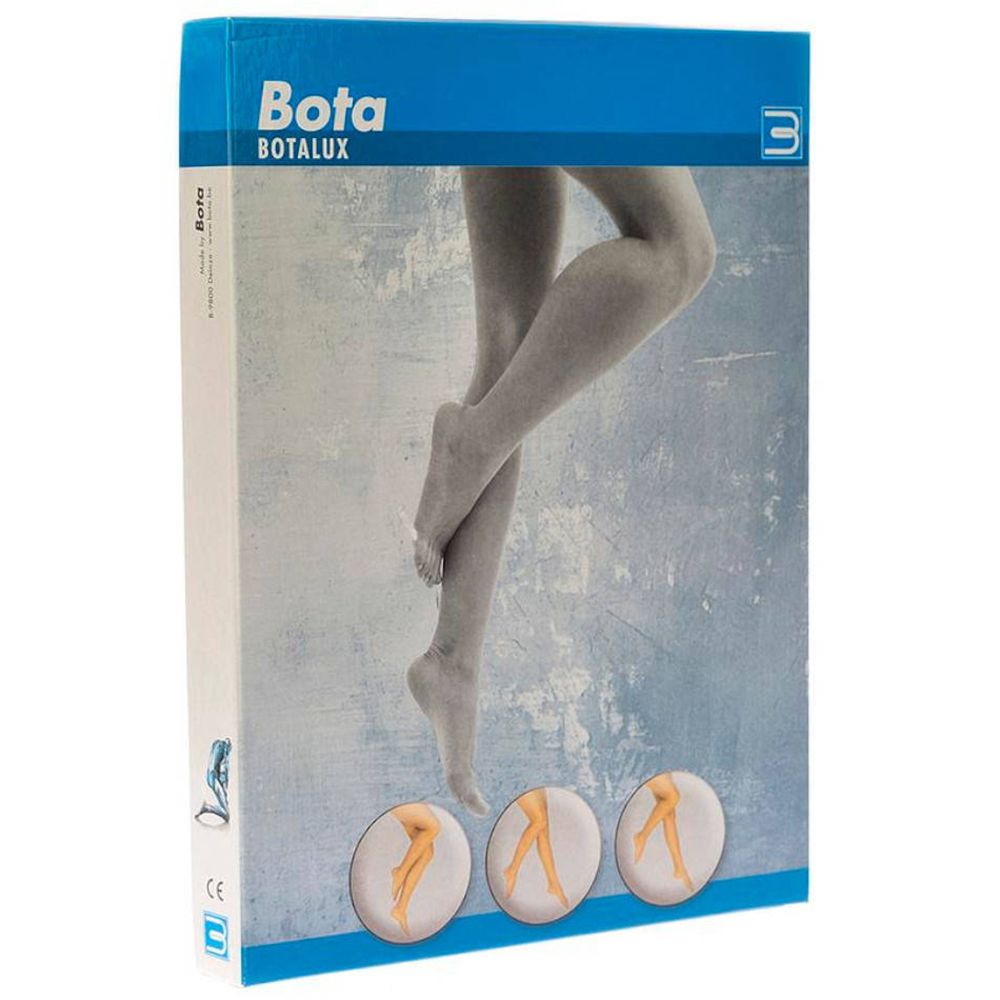 Emballage de bas de maintien Bota Botalux. Impression avec nom du produit, jambes et illustrations. Fond bleu.