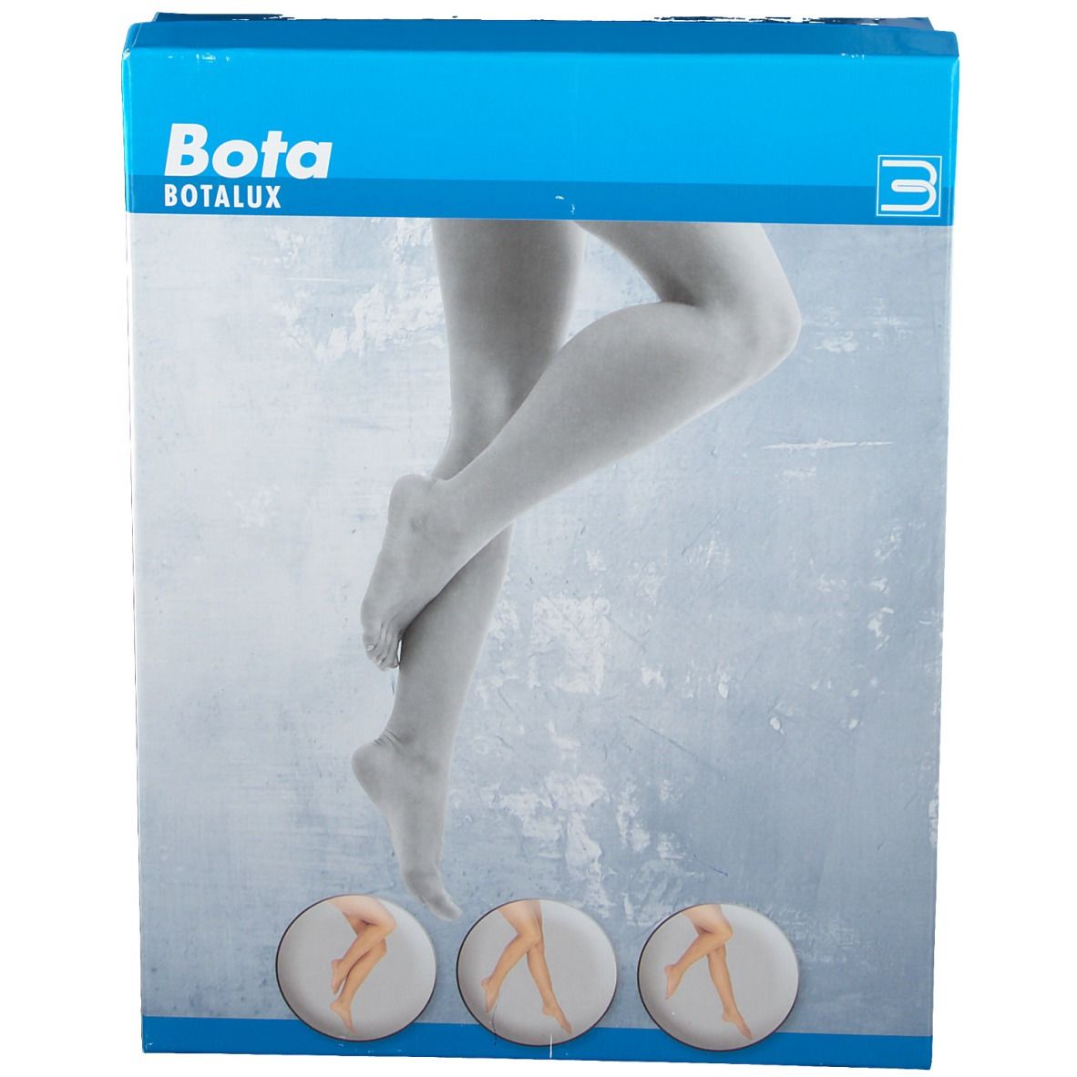 Verpackung mit Stützstrümpfen. Marke Bota Botalux. Abbildung von Beinen. Blaue und weiße Farbgebung. Drei Kreise mit Bein-Illustrationen.