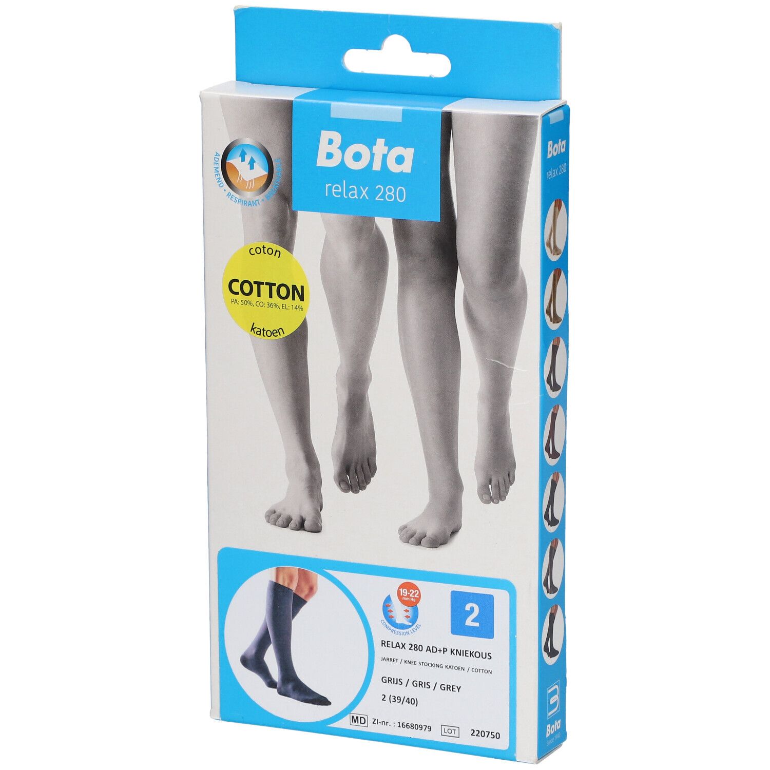 Boîte de Bota Relax 280, bas genou en coton AD+P, taille 2. Vue de face avec illustration de jambes et image du produit.