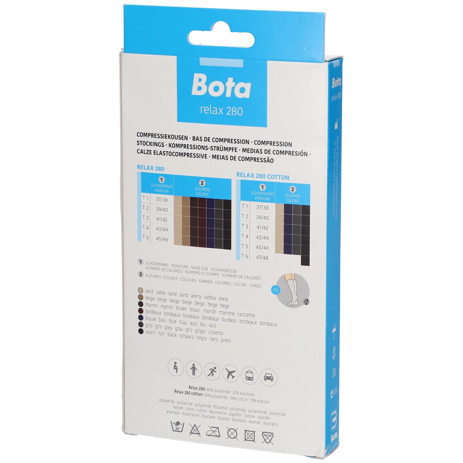 Dos de la boîte de bas genou Bota Relax 280. Informations sur les tailles et les couleurs, ainsi que des pictogrammes.