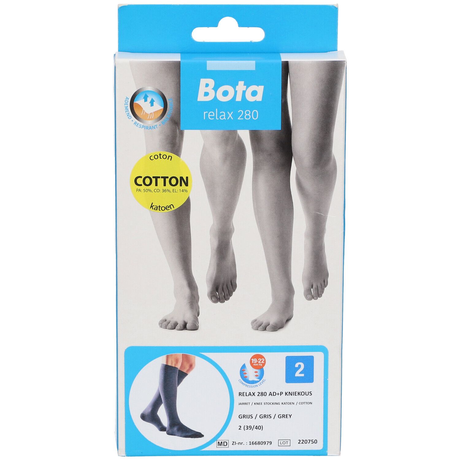 Boîte de Bota Relax 280, bas genou en coton AD+P, taille 2. Vue de face avec illustration de jambes et image du produit.