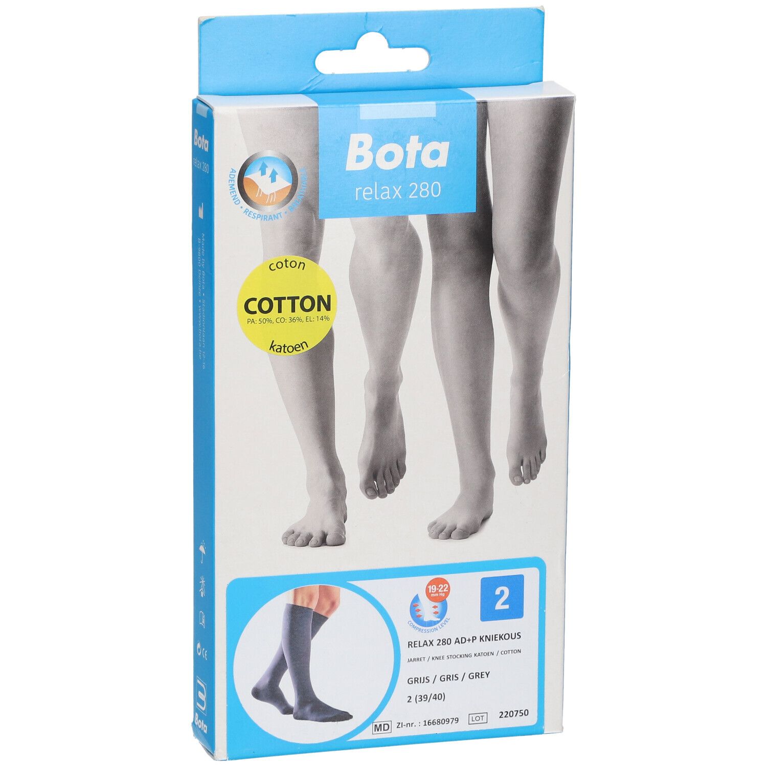 Boîte de Bota Relax 280, bas genou en coton AD+P, taille 2. Vue de face avec illustration de jambes et image du produit.