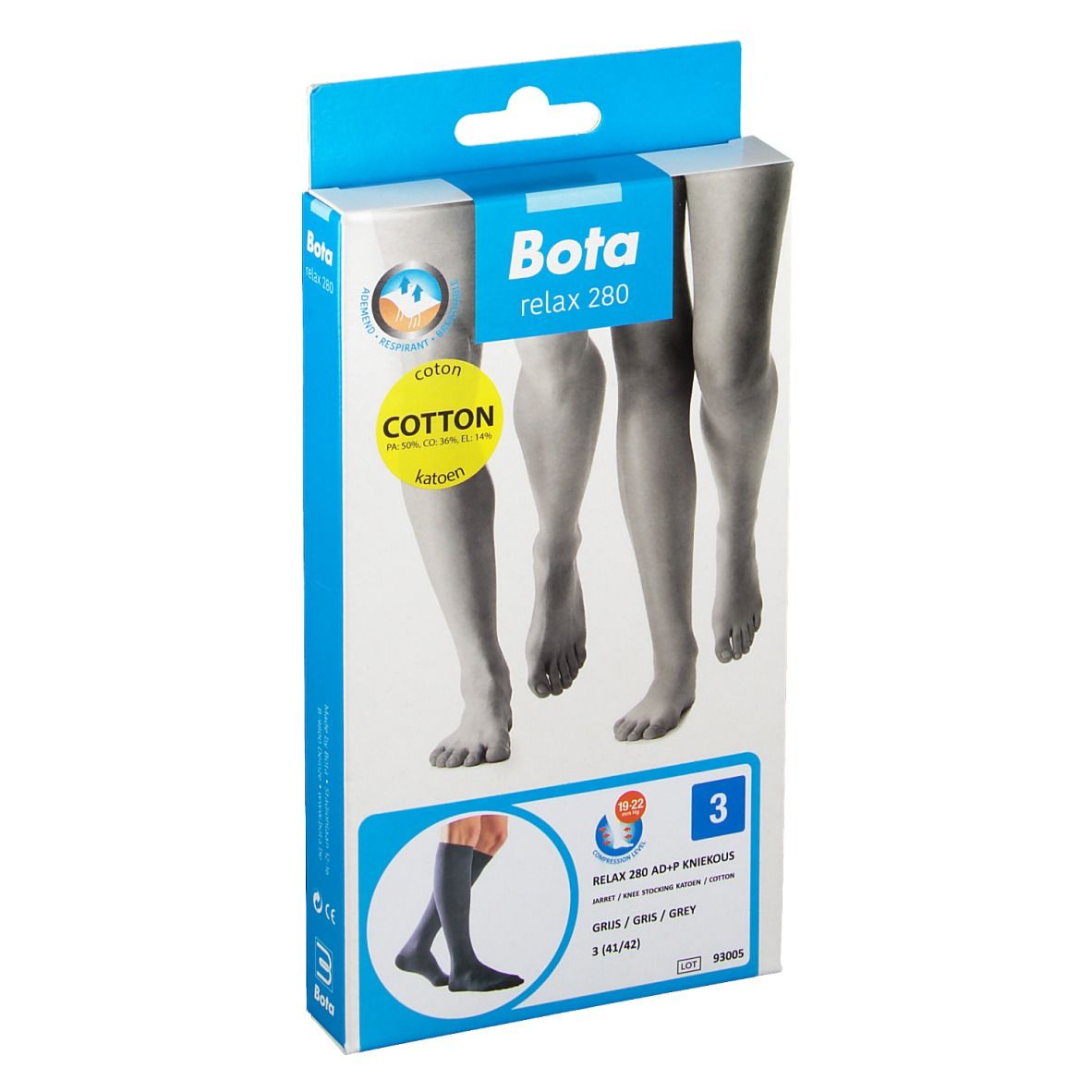 Boîte de Bota Relax 280 AD+P, taille 3. Illustration de jambes. Logo coton.