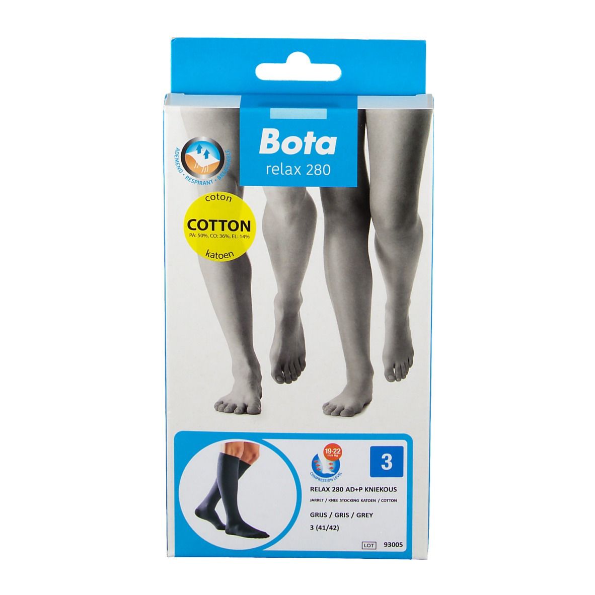 Bota Relax 280 AD+P, taille 3, dans l'emballage. Illustration de jambes. Logo coton.