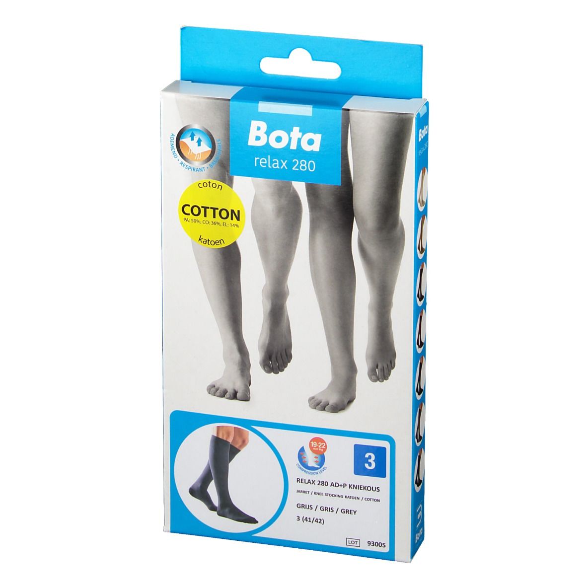 Bota Relax 280 AD+P, taille 3, dans l'emballage. Illustration de jambes. Logo coton.