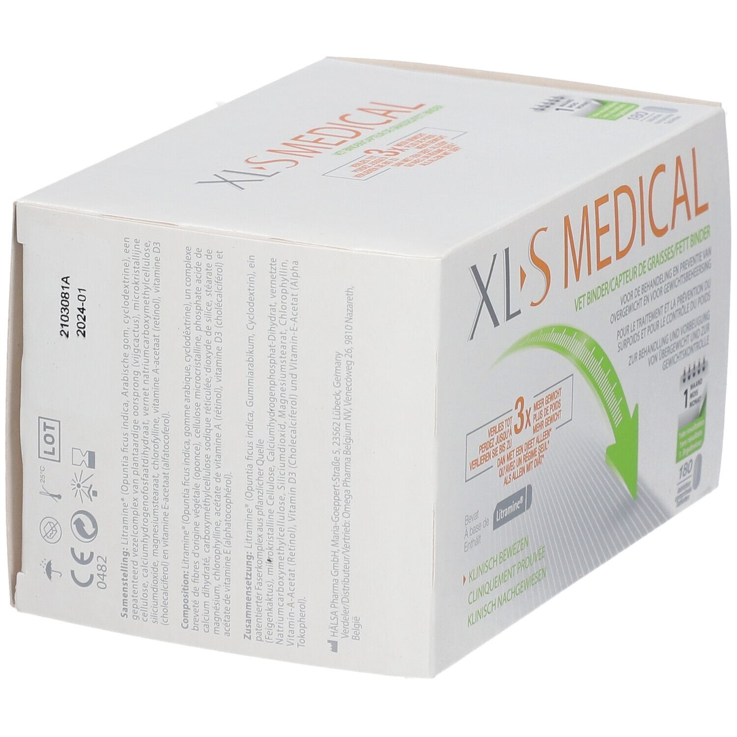Weiße XL-S Medical Verpackung. Text: Vet Binder. Aufdruck mit Inhaltsstoffen und Chargennummer. CE-Kennzeichnung.