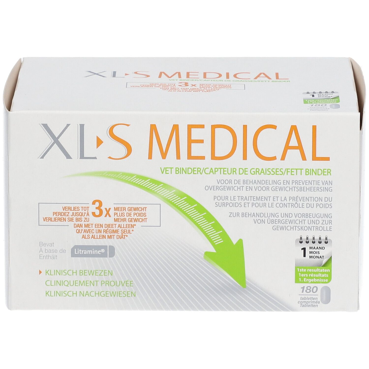 Weiße XL-S Medical Verpackung. Text: Vet Binder, 180 Tabletten, klinisch bewiesen. Grüne Pfeil-Grafik.