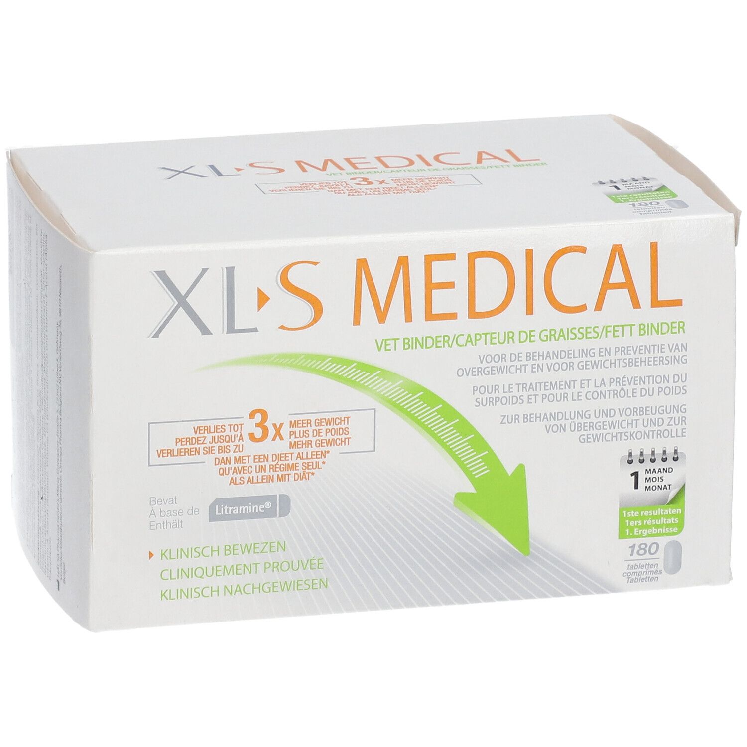 Weiße XL-S Medical Verpackung. Text: Vet Binder, 180 Tabletten, klinisch bewiesen. Grüne Pfeil-Grafik.